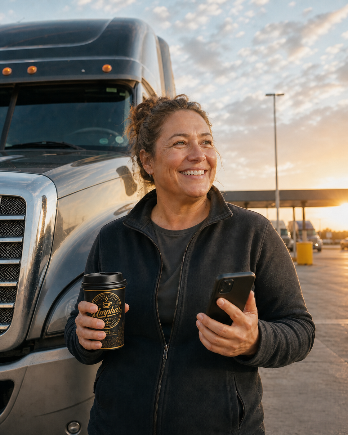 A professional truck driver with coffee beside her truck