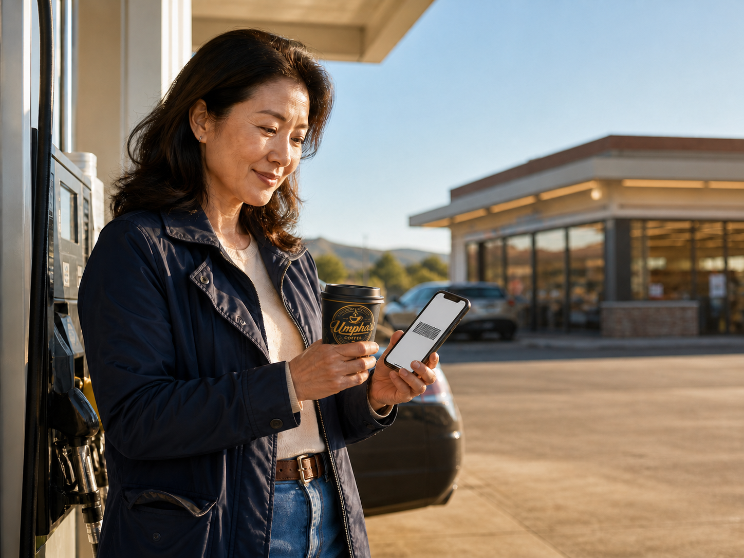 An everyday driver holding Umpha's Coffee while using a mobile rewards account at the pump