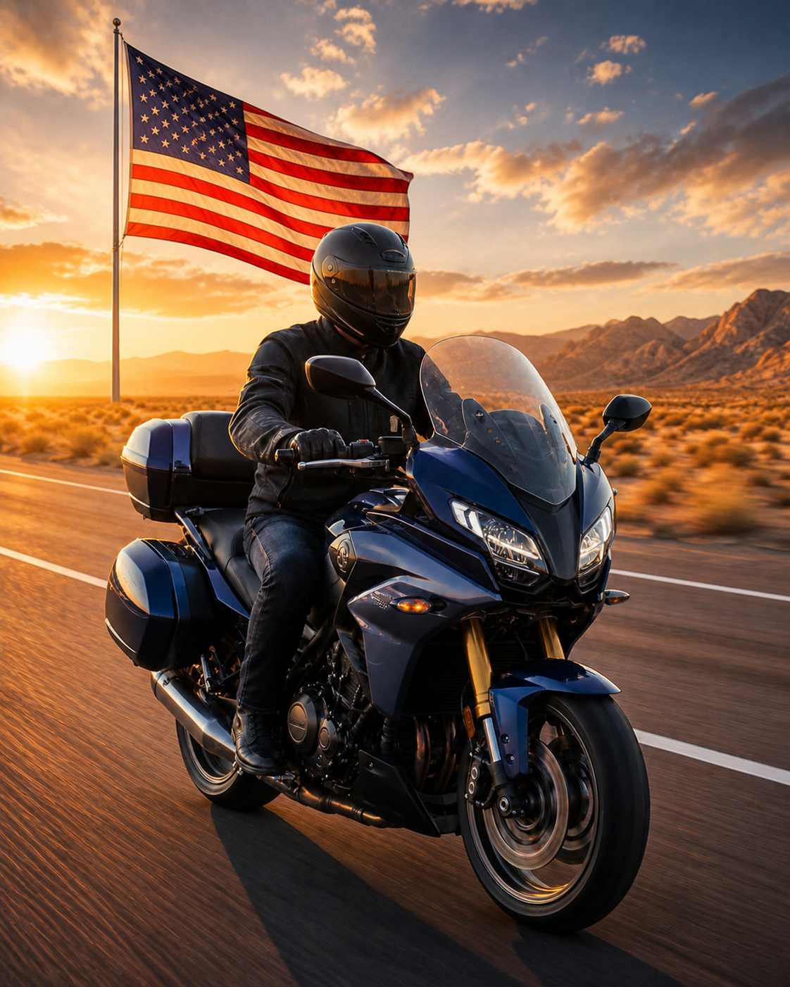 A motorcyclist traveling an open desert highway